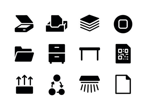 Office Scanning Icons. Office scanning. Solid icon set of Office scanning: office scanner, paper tray, document stack, scan button, digital folder, filing