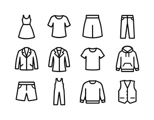 Clothing Icons Grid. Clothing types. Line icon set of Clothing types: dress, blouse, skirt, pants, jacket, coat, t-shirt, hoodie, shorts, jumpsuit, sweater,