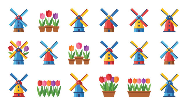 Colorful Windmills and Tulip Illustrations Set.
