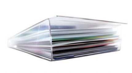 Clear acrylic desk organizer holding various papers and documents on transparent background
