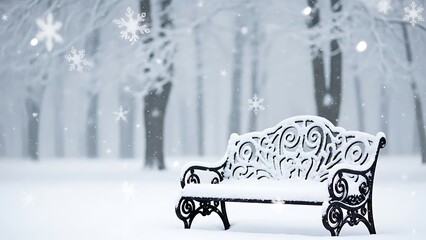 Snow covered ornate black metal bench in winter park with falling snowflakes