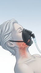 A sleeping senior using an airflow mask with clear airway illustration showing sleep apnea therapy support