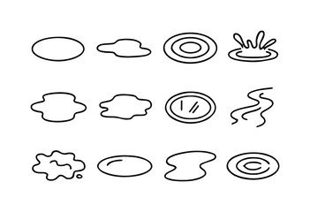 Rain Puddle Icons. Rain puddle shapes. Line icon set of Rain puddle shapes: round puddle, elongated puddle, ripple, splash, water pooling, wet patch,