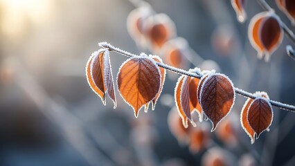 Frosted orange leaves on a branch with blurred background winter cold