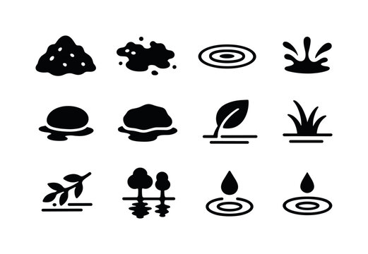Soil and Water Icons. Soil and water. Solid icon set of soil and water: wet soil, mud, puddle, water ripple, splash, stone, clay, leaf, grass, twig,