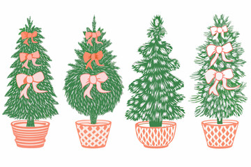 Four decorative christmas trees in pots with orange and pink bows