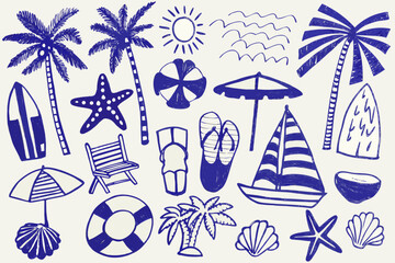 A collection of hand drawn summer elements beach sun and tropical vibes