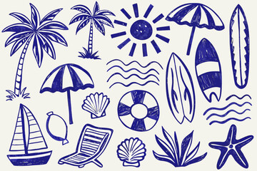 A collection of hand drawn summer elements palm trees beach items and waves