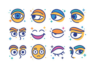Eye Contact Icons. Eye contact. Colorful isometric vector icons set of eye contact: looking directly, avoiding gaze, glancing sideways, focused eyes, smiling
