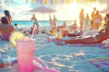 Blurry silhouettes enjoy the warm summer evening on the beach.