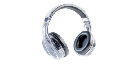 Modern black headphones with clear plastic accents and sleek design on transparent background