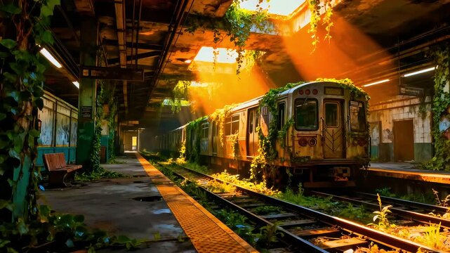 An evocative scene captures a rusted, abandoned subway train stalled on overgrown tracks deep within a decaying urban transit station bathed in dramatic sunlight.