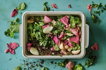 Aerial perspective on kitchen scraps in a compost container.