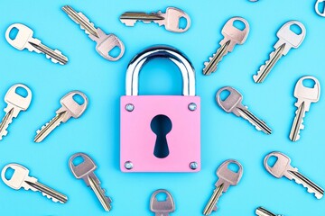 The design showcases a closed key lock elegantly surrounded by an array of small keys.