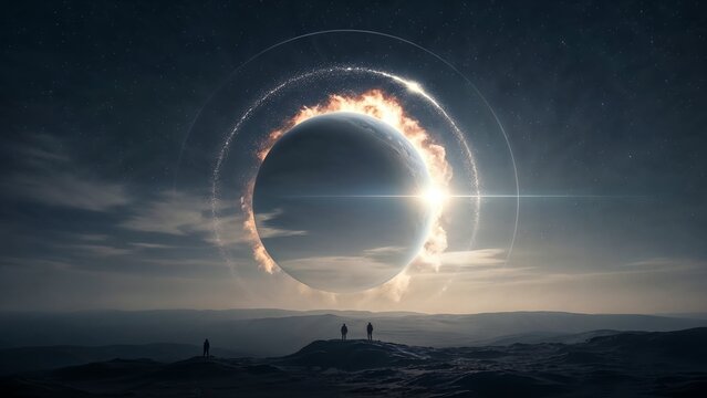 Silhouettes of humans standing on a vast alien terrain beneath a dramatic cosmic sky with a massive glowing celestial sphere surrounded by energy rings. Cinematic science fiction scene symbolizing dis