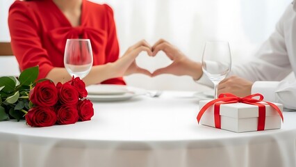 Romantic couple sharing tender moment over roses and gift