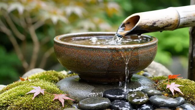 Calm water flowing from a traditional bamboo spout into a rustic ceramic basin in a tranquil Japanese garden setting, symbolizing peace and zen.