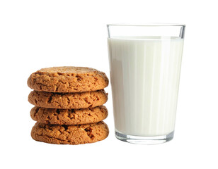 A stack of baked cookies next to a full glass of refreshing, white milk, isolated on black