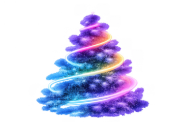 Christmas tree glowing with rainbow neon lights, creating a festive holiday atmosphere on transparent background