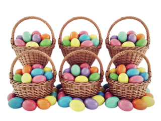 Easter sunday celebration with colorful eggs in wicker baskets isolated on transparent background