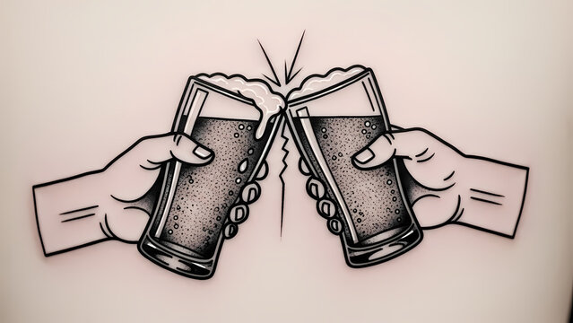 ビールジョッキの乾杯で祝う楽しいひととき、シンプルイラスト
