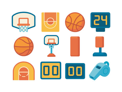 Basketball Icon Set. Basketball hoop. Colorful flat vector icons set of basketball hoop: backboard, rim, net, court lines, free-throw circle, three-point arc,