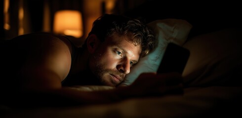 Man Using Smartphone in Bed at Night, Cozy Bedroom Lighting