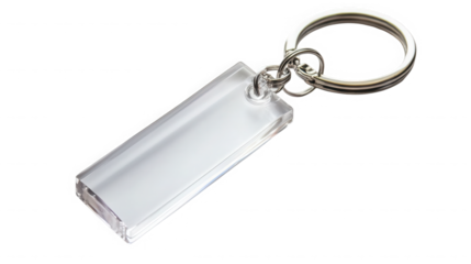 Clear plastic usb flash drive attached to silver keyring on transparent background