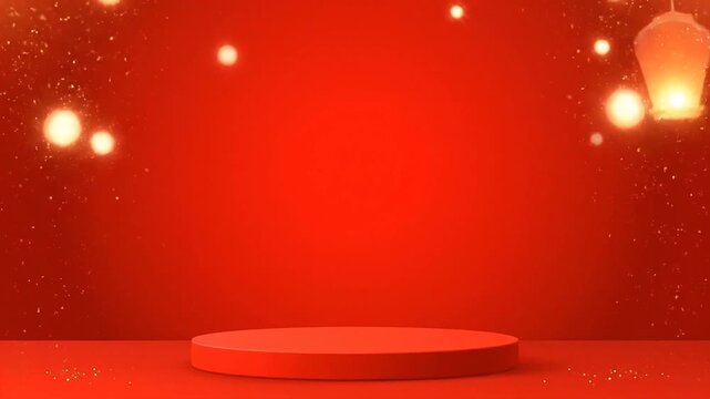 Red Platform with Lanterns and Lights in a Festive Atmosphere