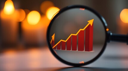 Business upward trending chart in magnifying glass
