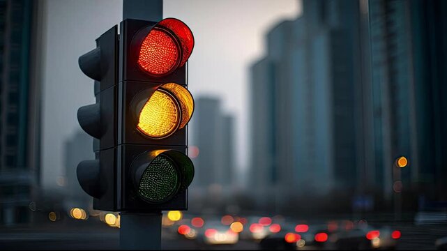 Close-up of traffic light changing from red and yellow to green signal in modern urban city evening with bokeh background