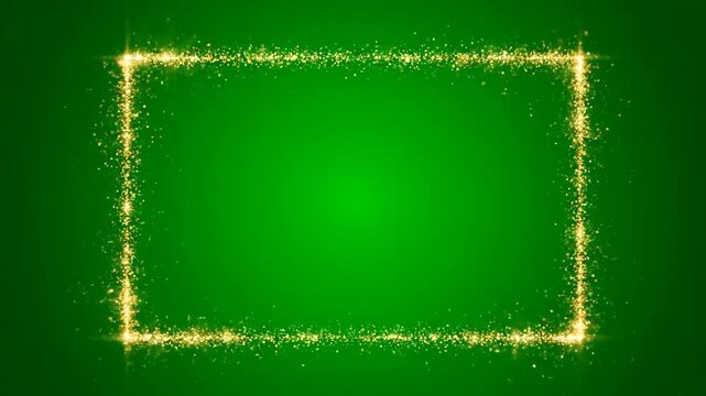 A glowing golden frame on a vibrant green background with sparkling particles