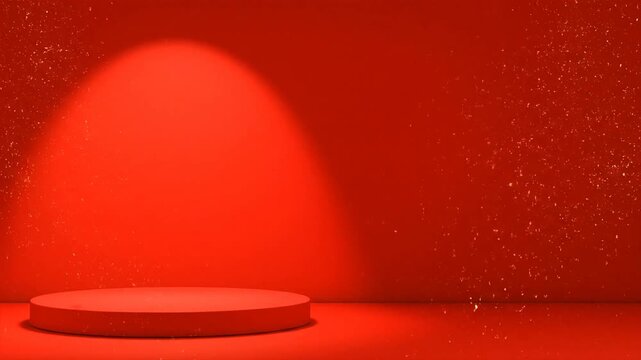 A solitary red platform stands illuminated in a vibrant red room with sparkling dust particles visible on the wall.