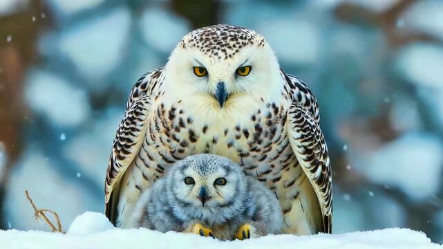 Majestic snowy owl mother fiercely protects her small, fluffy owlet chick while standing guard in a cold, wintery, snow-covered natural habitat environment.