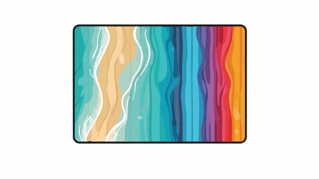 Stylized aerial view of a beach merging into a vibrant rainbow spectrum of colors