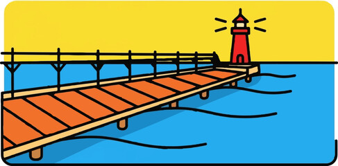Stylized pier with a red lighthouse under a bright yellow sky