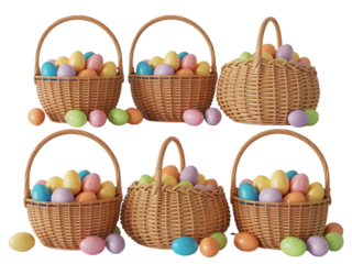 Easter sunday celebration with six woven baskets full of colorful eggs isolated on transparent background