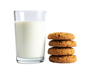 A tall glass of milk with a stack of four fresh, delicious oatmeal cookies