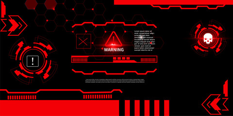 Futuristic alert warning sign of system virus attack with set of  red HUD interface 
