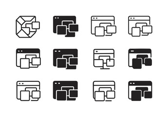 Multitasking Icon Variations. Multitasking on screen. Icon set. Set Logo of multitasking on screen: window grouping icon. harmonious logo variations of the