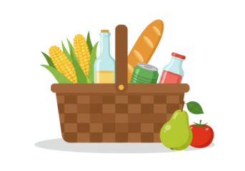 A vibrant cartoon illustration of an overflowing brown picnic basket with yellow corn, golden baguette, wine, pink juice, green can, red tomato, and a green pear on a white background, cheerful