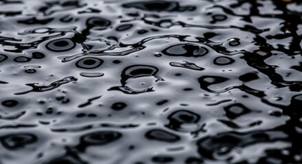 <Deep black viscous liquid surface with subtle ripples and reflections creating an undulating oily fluid background suitable for industrial, environmental, or energy-related concepts.>