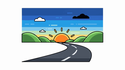 Fototapeta premium Winding road leads towards a colorful sunrise over rolling green hills and a blue sky
