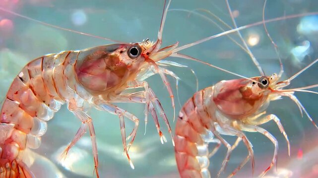 Two delicate, translucent freshwater ghost shrimp swim gracefully in a brightly illuminated, clear aquatic environment capturing their intricate anatomy and long antennae.