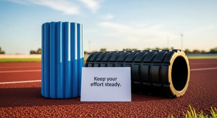 Two foam rollers on an outdoor track with a motivational quote about steady effort