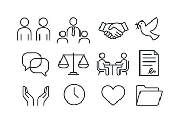Mediation Icon Set. Mediation. Line icon set of Mediation: two people, mediator, handshake, peace dove, speech bubbles, balance scale, table, agreement paper,