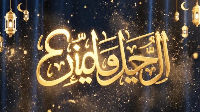 Golden Arabic script with festive lanterns and crescent moons against a dark sparkling blue background