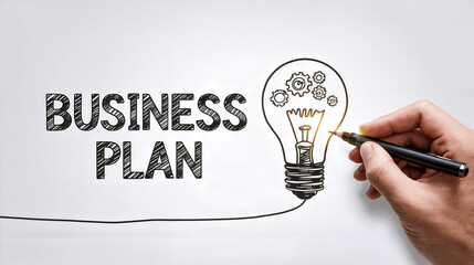 Hand drawing business plan text next to a lightbulb idea sketch on a light gray background
