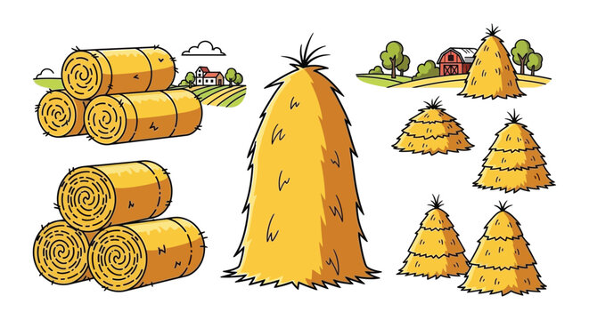 A collection of golden hay bales and sheaves of wheat in a drawing