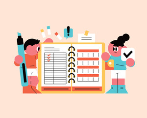 Modern flat illustration of a man and woman reviewing schedules with an open diary, check marks, and notes for planning.
